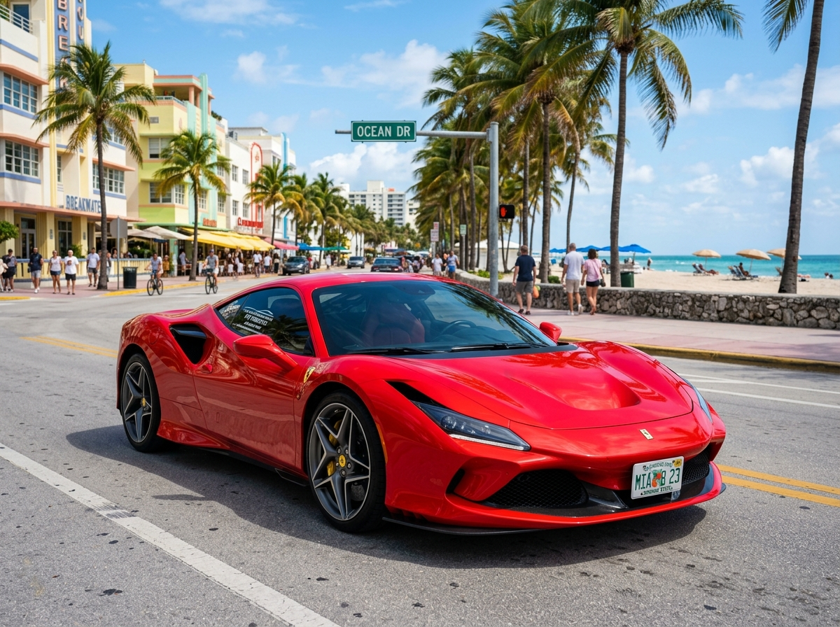 2023 Ferrari F8 Tributo red supercar available for rental in Miami Beach